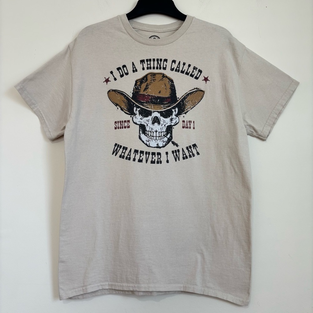 DOM Western Skull Cowboy Beige cotton "Do What I Want" Graphic short sleeve Tee